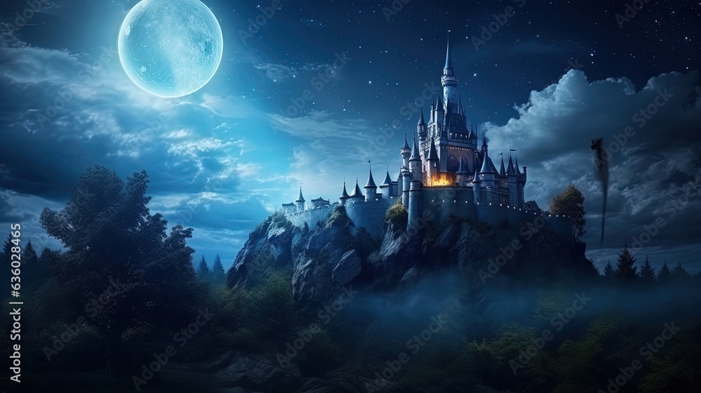 Naklejka premium Beautiful castle under moonlit sky in fairy tale. silhouette concept