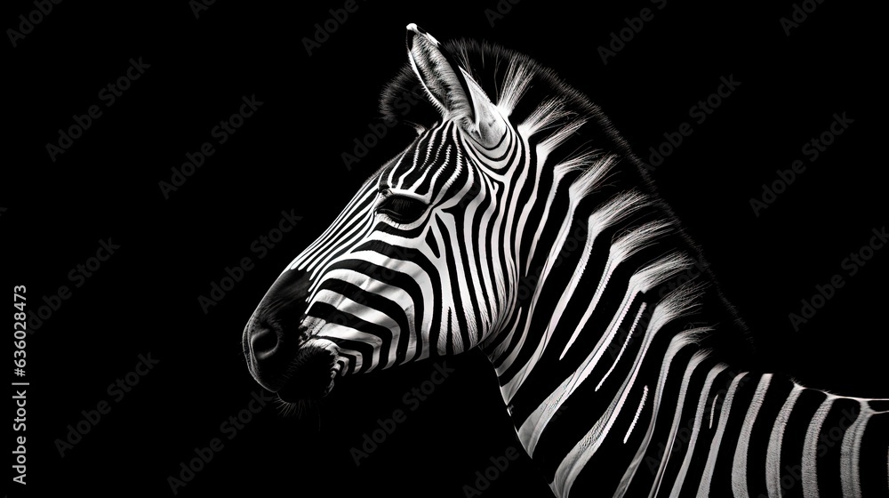 Fototapeta premium Black and white photo of a zebra head on a black background isolated side view. silhouette concept