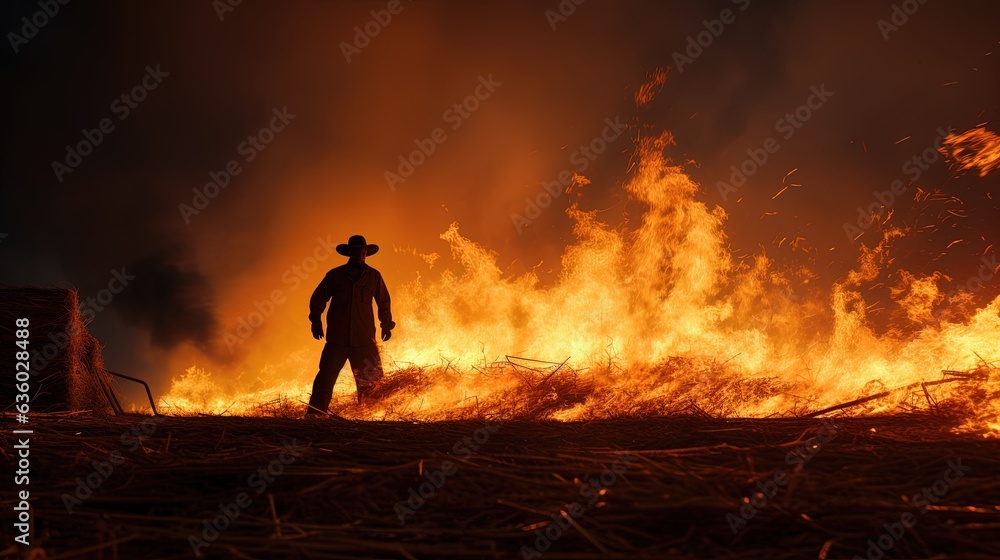 Fototapeta premium Firefighter extinguishing fire in hay stacks. silhouette concept