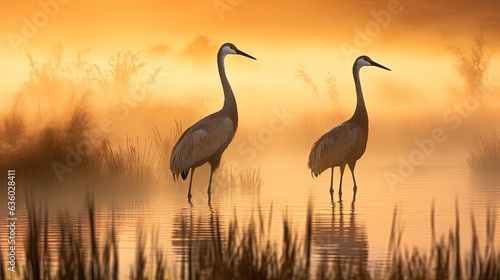 Cranes in mist Bosque del Apache NM. silhouette concept © HN Works