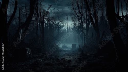 Eerie forest with sinister trees along a dim path on a winter s night. silhouette concept