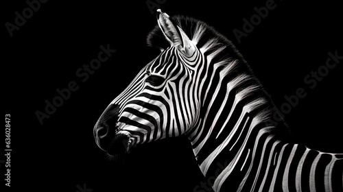 Black and white photo of a zebra head on a black background isolated side view. silhouette concept