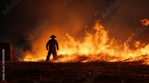 Firefighter extinguishing fire in hay stacks. silhouette concept