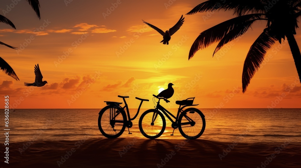 Fototapeta premium Bicycles in silhouette lying as the sun sets on a tropical beach with a bird in the clear sky