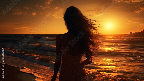 Girl s silhouette against sea and sunset © HN Works