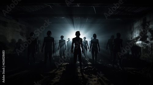 Spooky silhouettes of horror zombies standing in a dark abandoned building