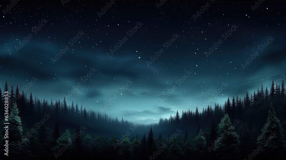 Star filled night forest landscape with pine trees and dark sky. silhouette concept Star filled night forest landscape with pine trees and dark sky. silhouette concept