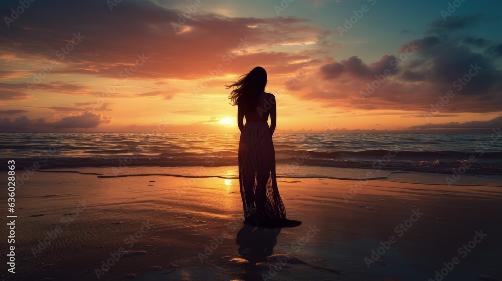 Solitary woman observing sunset on beach. silhouette concept