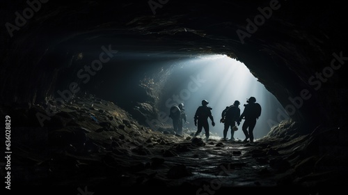 Divers investigating a tunnel. silhouette concept