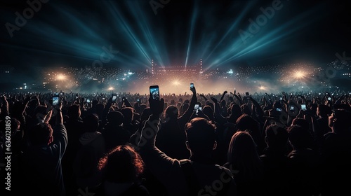 Massive crowd at music festival recording concert on smartphones. silhouette concept