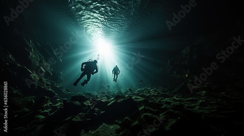 Fotografie, Obraz Divers investigating a tunnel. silhouette concept