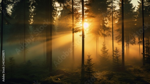 Misty summer morning sun rising in a forest. silhouette concept