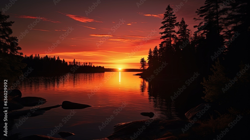 Silhouette of trees in front of a Canadian lake at twilight with a glowing sunset