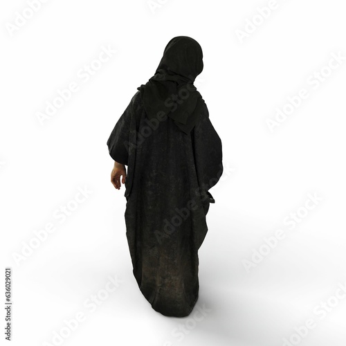 3d illustration of a figure wearing a cloak and a black shawl with a white background