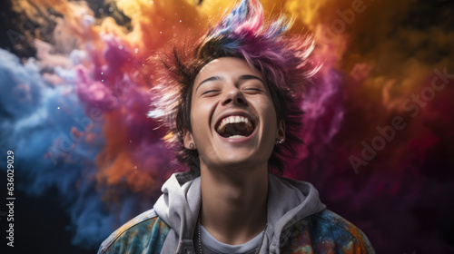young boy with coloured hair and pink glasses laughing hard in front of coloured smoke, Commercial style, Generative AI