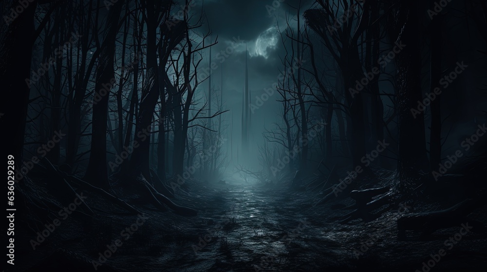 Eerie forest with sinister trees along a dim path on a winter s night. silhouette concept