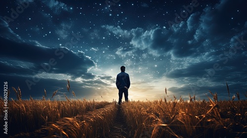 Man gazing up at stars during the night surrounded by wheat field under the milky way. silhouette concept