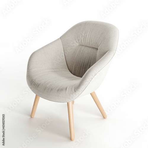 a small grey chair with wooden legs on a white surface