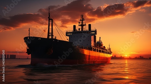 Silhouette of cargo ship during sunset