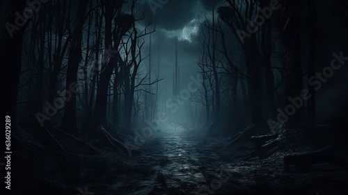 Foto Eerie forest with sinister trees along a dim path on a winter s night