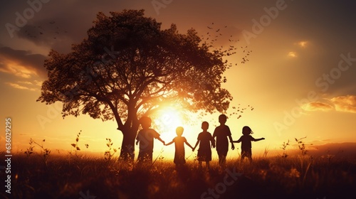 Children under tree on meadow happy silhouettes © HN Works