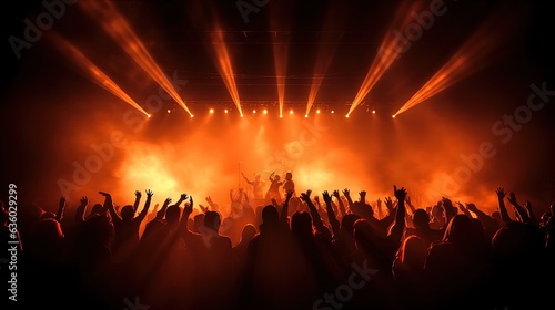 Crowd at a concert claps while musicians perform onstage illuminated by spotlight with dancing people. silhouette concept