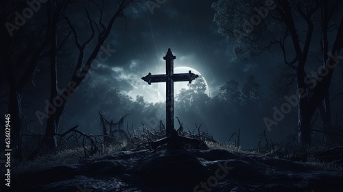Moonlit cemetery with a cross. silhouette concept
