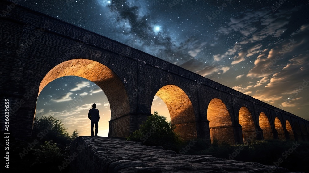 A person s outline on an ancient bridge against a starry sky and Milky Way. silhouette concept