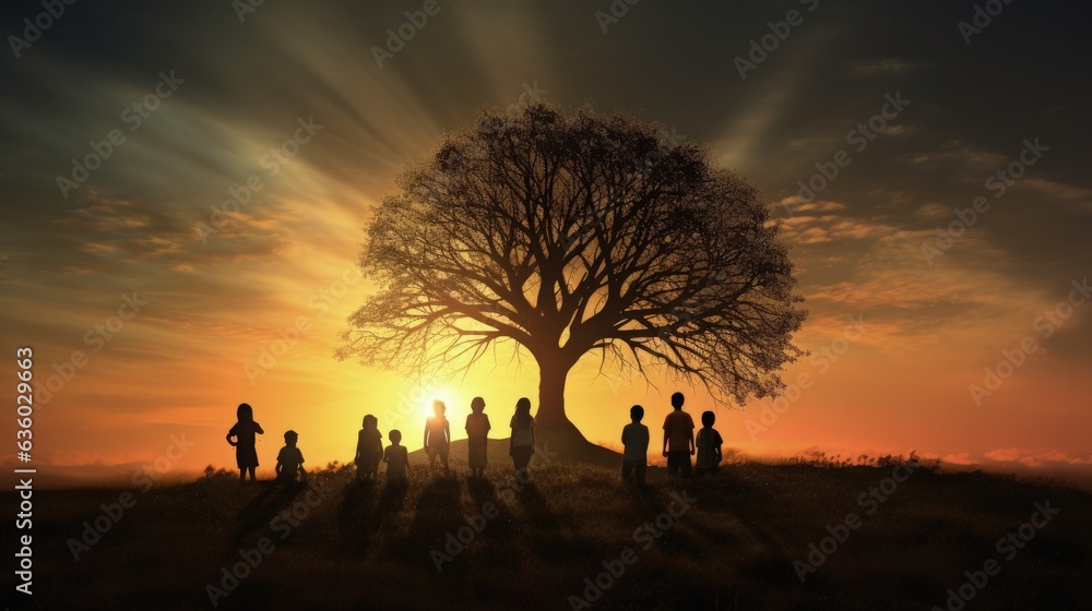 Children under tree on meadow happy silhouettes