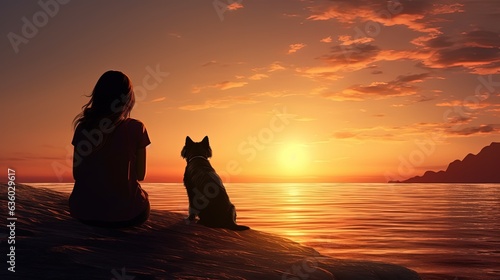 A girl and her dog enjoy the beach sunset in the bay. silhouette concept © HN Works