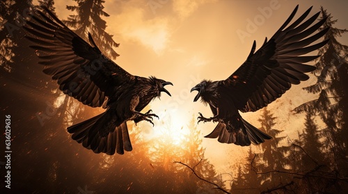 Crows battling in the sky. silhouette concept