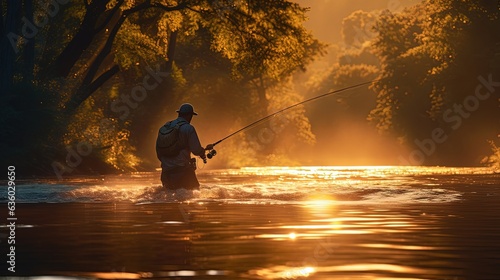 Fotografia Silhouette of a fisherman in the river during a beautiful morning with golden su