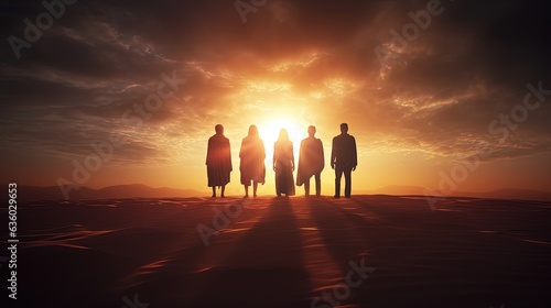 Friends stand on sand dune and admire sunrise. silhouette concept