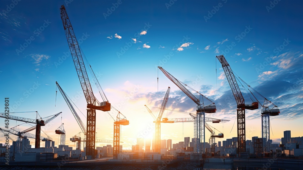 Cranes at construction site beneath clear sky. silhouette concept Cranes at construction site beneath clear sky. silhouette concept