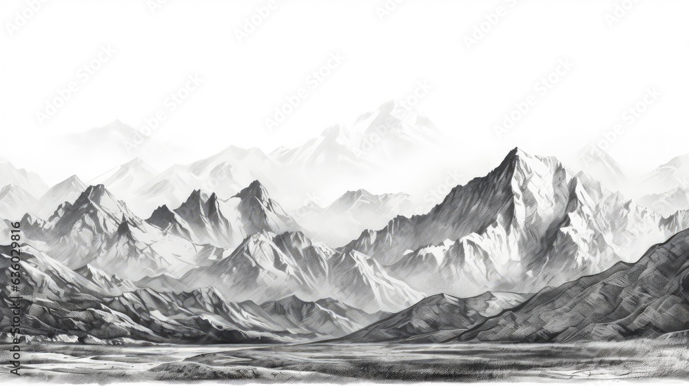 Black and white hand drawn pencil sketch of a mountain landscape with ...