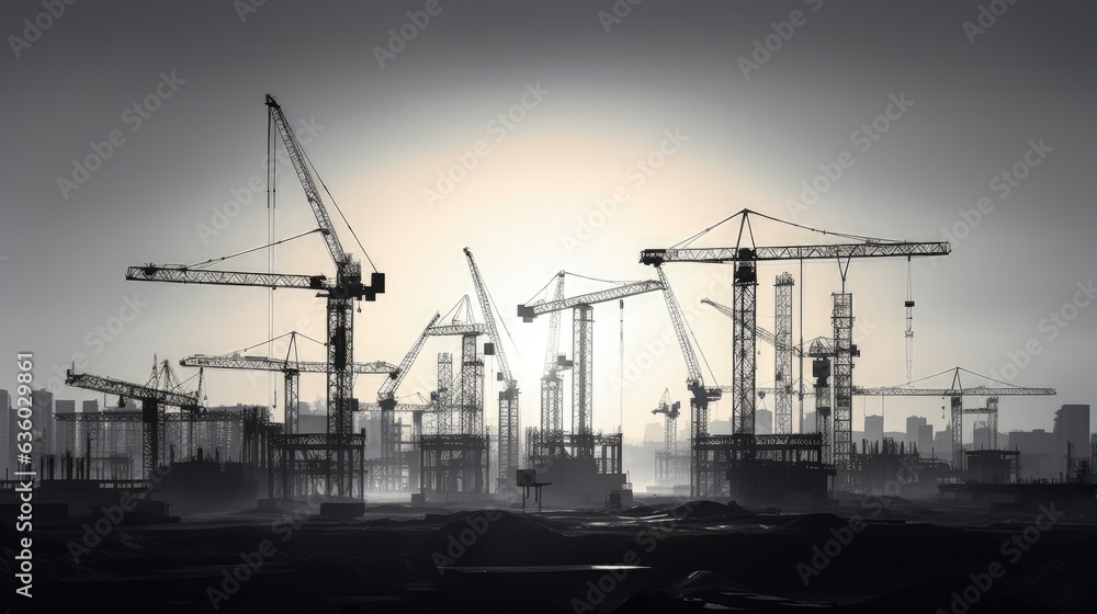 Black and white photo of construction sites with several cranes. silhouette concept