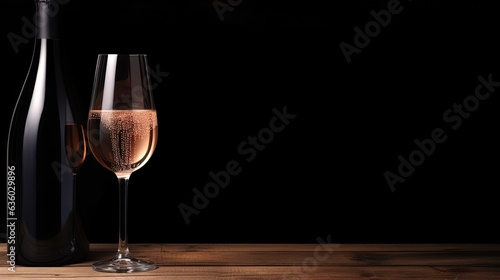 Holiday backgrounds with closed champagne bottle and empty wine glass on wooden surface. silhouette concept