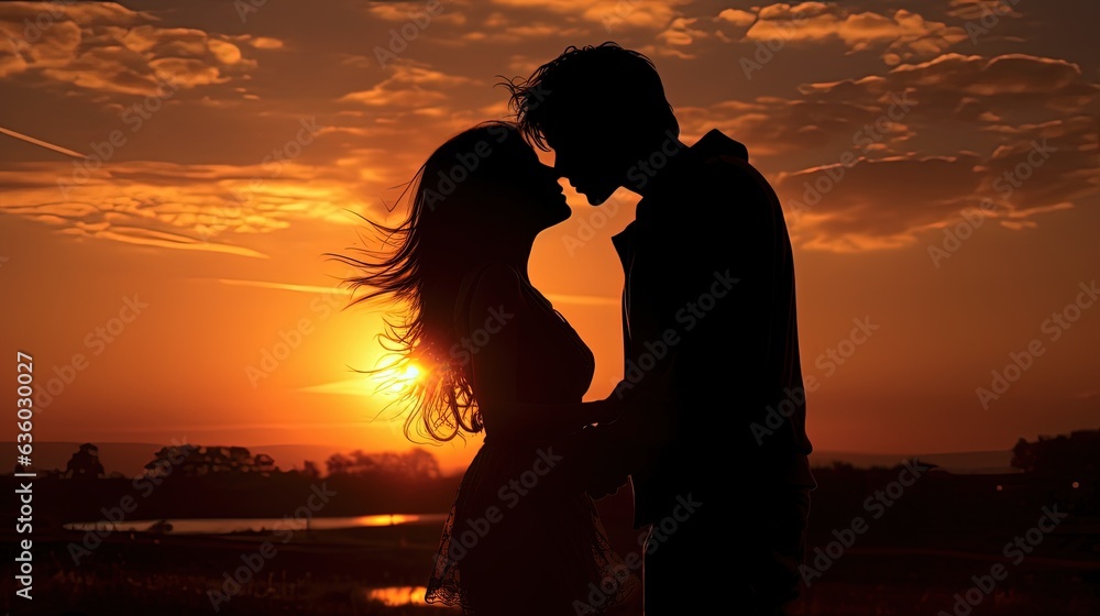 Couple affectionately embracing at dusk. silhouette concept