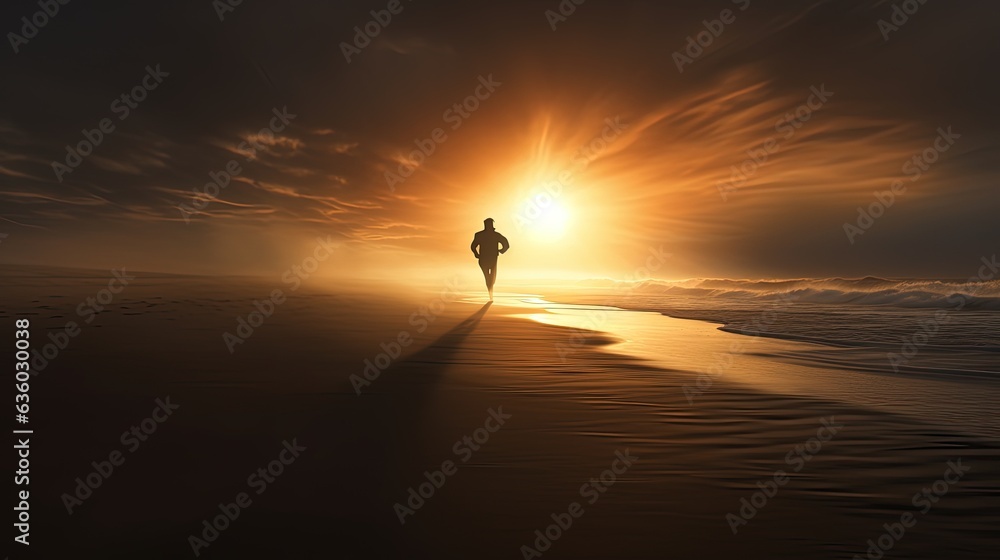 A solitary figure sprints along a desolate shore as the wind whisks sand across the beach. silhouette concept