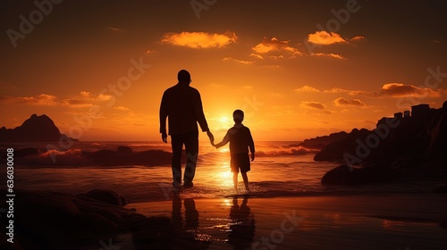 Beach sunset mirroring parental bond. silhouette concept © HN Works