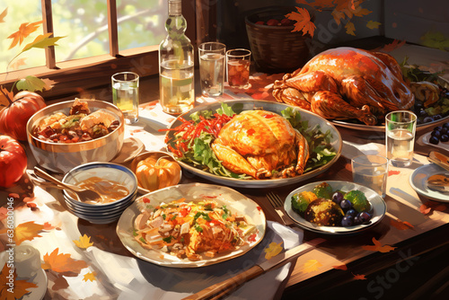 Thanksgiving dinner concept. Delicious turkey meal with pumpkin  mash potatoes with plates and cutlery on rustic wooden table. Festive holiday dinner. Happy Thanksgiving