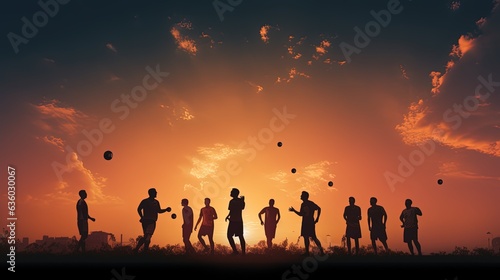 Football players shadows on the evening sky. silhouette concept