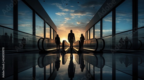 People on escalator reflecting outside world in ceiling. silhouette concept