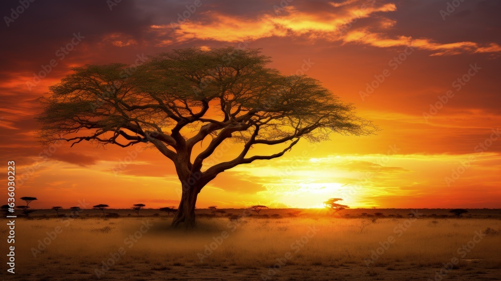 Sunset on African plains with acacia tree Kalahari desert South Africa. silhouette concept Sunset on African plains with acacia tree Kalahari desert South Africa. silhouette concept
