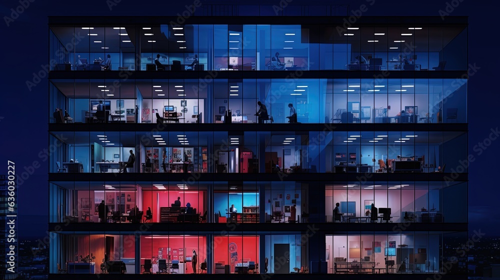 Late night overtime in a contemporary office building with workers and lights. silhouette concept