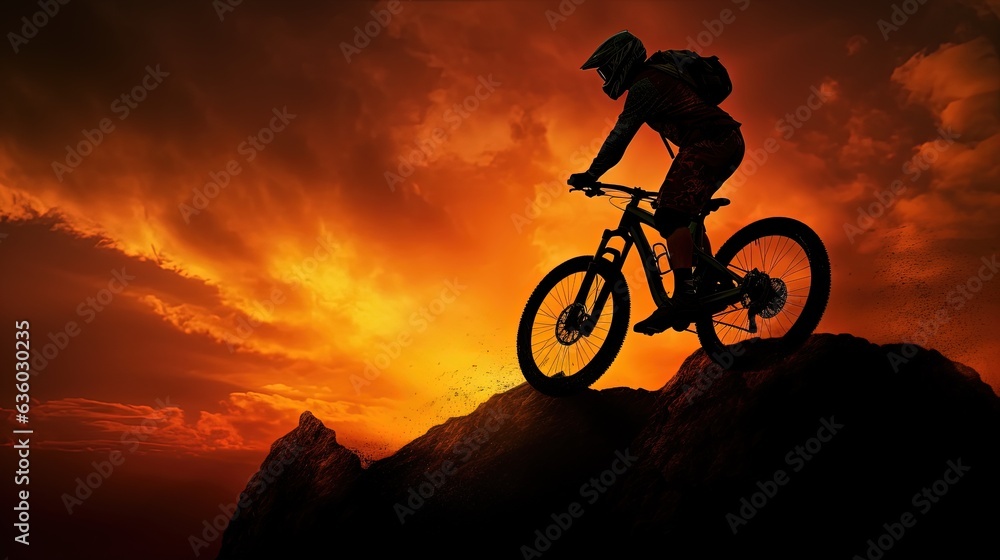 Sunset silhouette of a man cycling on a mountain bike Sunset silhouette of a man cycling on a mountain bike
