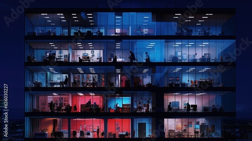Late night overtime in a contemporary office building with workers and lights. silhouette concept photo