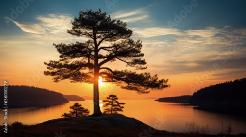 Sunset silhouette of a pine tree