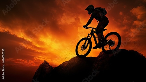 Sunset silhouette of a man cycling on a mountain bike