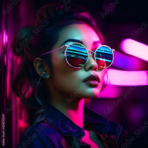 Neon Elegance  Stylish Asian Woman Amidst Vibrant Lights